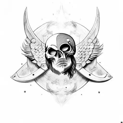 raven with skull head  and vikings symbols  tattoo design idea