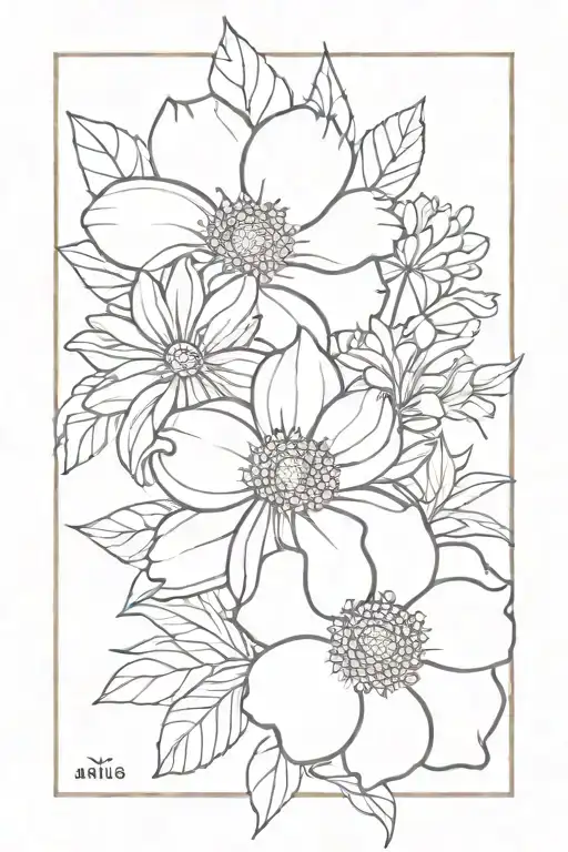 small bouquet of flowers with dahlia, sunflower, carnation, peonie, poppy, plumeria, and daisy  tattoo design idea