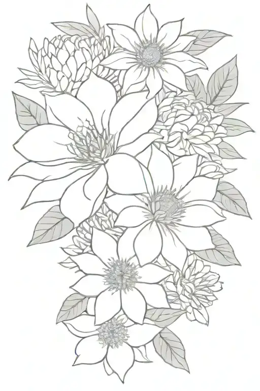 small flower bouquet with dahlia, sunflower, poppy, carnation, peonie, plumeria, and daisy  tattoo design idea