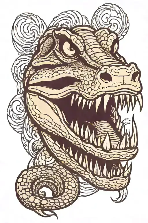 An alligator with a skull in its teeth, crawling down tattoo design idea