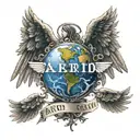 name "David" with angel wings and a halo above the name, the earth with a broken heart under that tattoo design idea