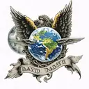 name "David" with angel wings and a halo above the name, the earth with a broken heart under that tattoo design idea