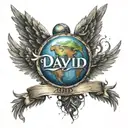 name "David" with angel wings and a halo above the name, the earth with a broken heart under that tattoo design idea