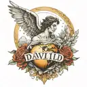 name "David" with angel wings on each side and a halo on top, under that, the earth with a broken heart in it tattoo design idea