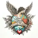 name "David" with angel wings on each side and a halo on top, under that, the earth with a broken heart in it tattoo design idea