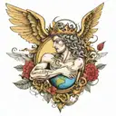 name "David" with angel wings on each side and a halo on top, under that, the earth with a broken heart in it tattoo design idea