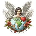 name "David" with angel wings on each side and a halo on top, under that, the earth with a broken heart in it tattoo design idea