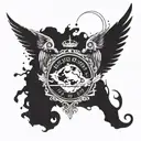 name "David" with angel wings on each side and a halo on top, under that, the earth with a broken heart in it tattoo design idea