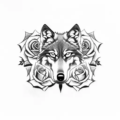Wolf surronded by 1 clock and multiple roses tattoo design idea