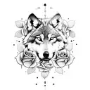 Wolf surronded by 1 clock and multiple roses tattoo design idea
