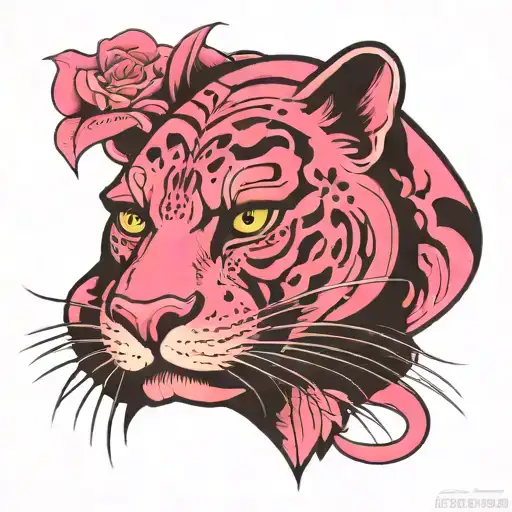 panther in pink color with his angry face in traditional style tattoo design idea