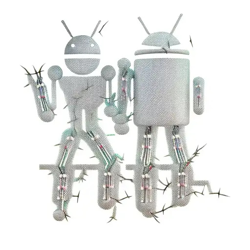 android full body male with human full body female girlfriend. robot legs tangled with barbed wire. tattoo design idea