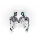 android full body male with human full body female girlfriend. robot legs tangled with barbed wire. tattoo design idea