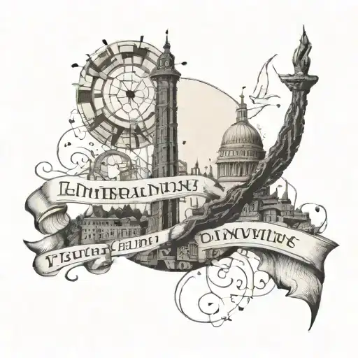 A dotwork tattoo of a libertarian quote intertwined with historical landmarks tattoo design idea