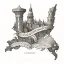 A dotwork tattoo of a libertarian quote intertwined with historical landmarks tattoo design idea