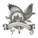 A dotwork tattoo of a libertarian quote intertwined with historical landmarks tattoo design idea