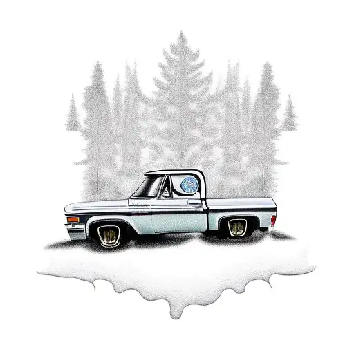 70s Chevy truck in the woods with a paint job paying tribute to music  tattoo design idea