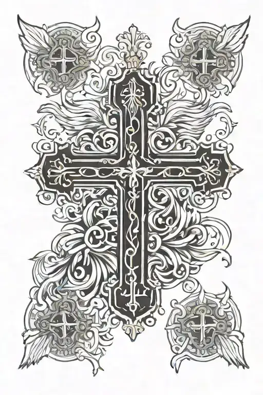orthodox cross with orthodox angels on sides and behind tattoo design idea
