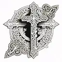 orthodox cross with orthodox background black and white tattoo design idea