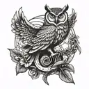 owl with spreaded wings holding a snake in her claws tattoo design idea