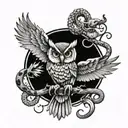 owl with spreaded wings holding a snake in her claws tattoo design idea