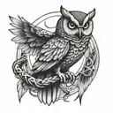 owl with spreaded wings holding a snake in her claws tattoo design idea