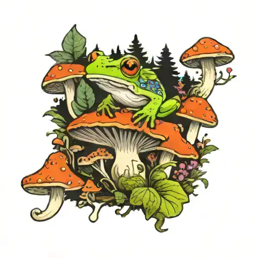 psychedelic mushroom forest with dart frog tattoo design idea