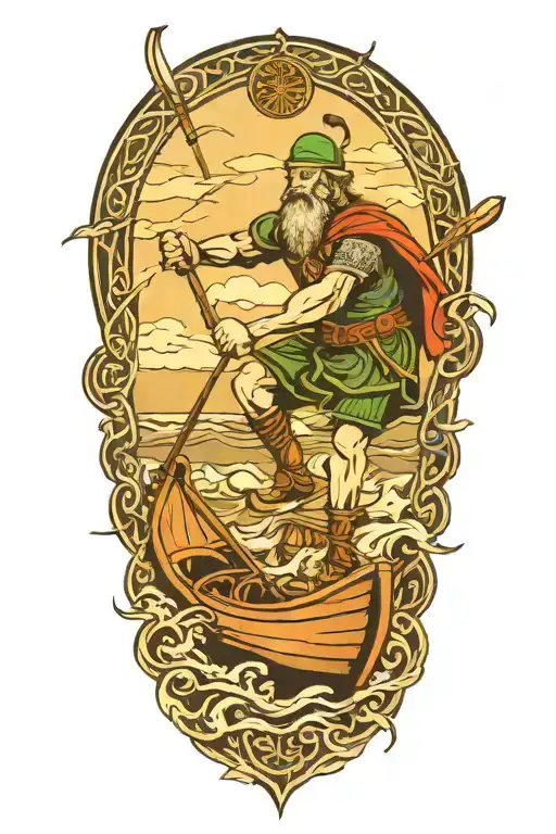 A Celtic warrior rowing a boat on a turbulent sea tattoo design idea