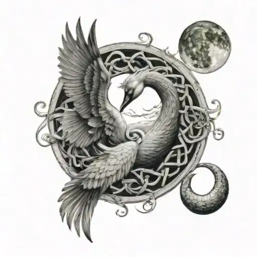 A Celtic Swan and Celtic Horse facing each other in front of a Waning Gibbous moon tattoo design idea