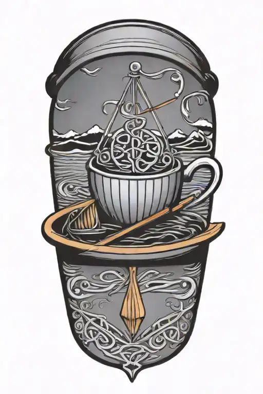 A coffee cup with Celtic symbols steam rising into rowing oars tattoo design idea