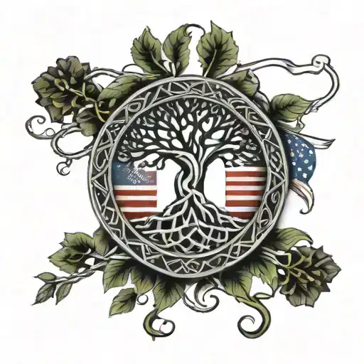A Celtic tree of life with branches shaped like military insignias and American flags tattoo design idea