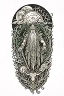 ancient Irish Druid, full moon, fog, mystical, wonderment, vibrant tattoo design idea