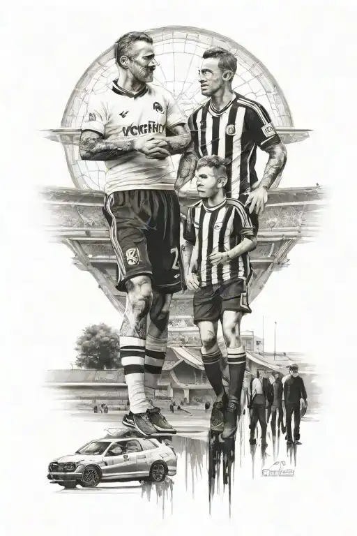 Father and son hand in hand and in the background the stadium of FC Wil 1900 and the city of Wil SG tattoo design idea