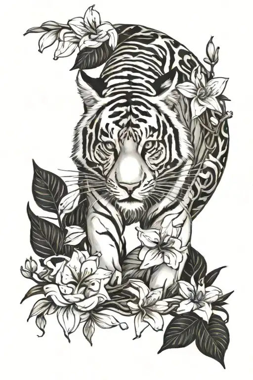 spine tattoo of a small tiger on a long branch that extends into the spine surrounded by lilies and baby breaths  tattoo design idea