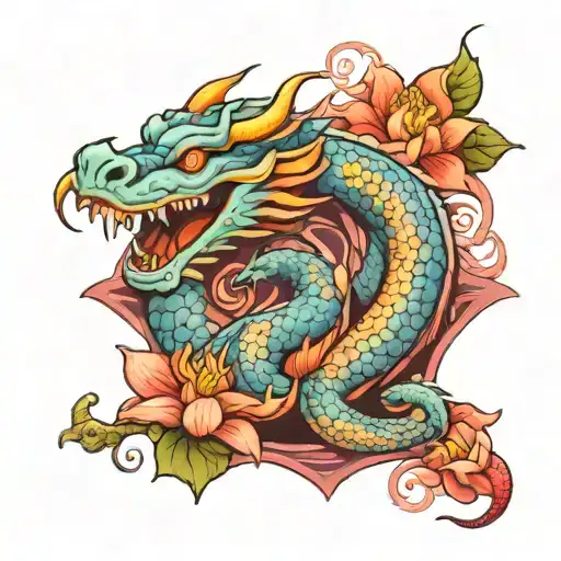 sleeping blue dragon with pink and red lotuses tattoo design idea