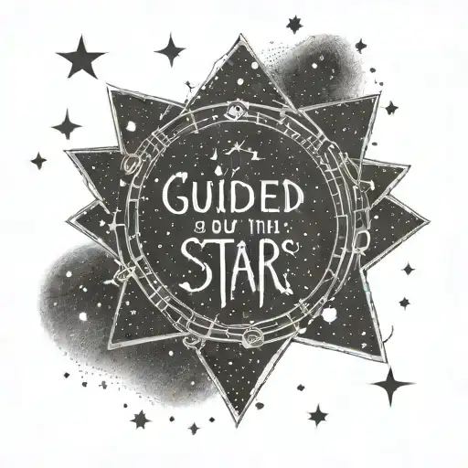 A dotwork tattoo of a Latin phrase translating to 'Guided by the stars' with Orion's constellation as a background tattoo design idea