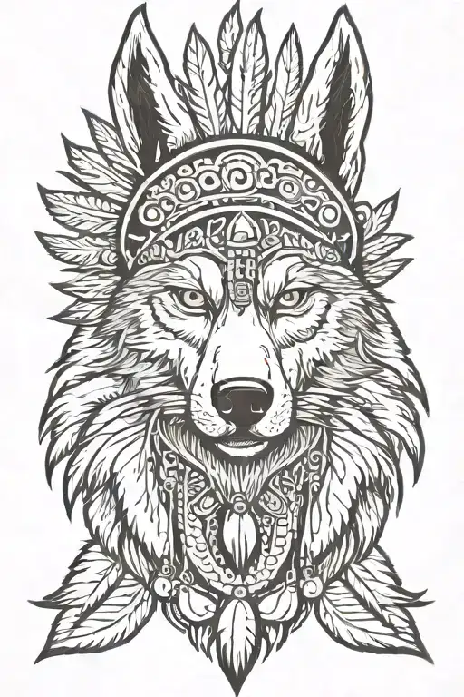  angry wolf with american indian head dress tattoo design idea