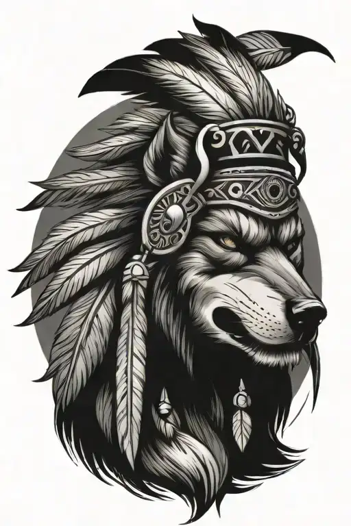 snarling wolf with american indian head dress tattoo design idea