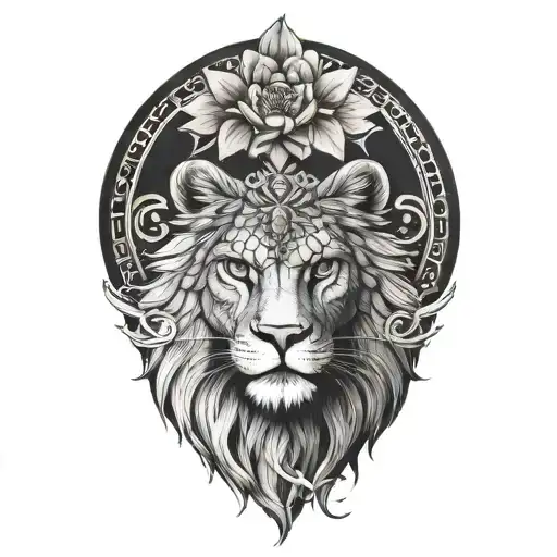 the 4 symbols of stoicism tattoo featuring scales, owl, lion, lotus flower tattoo design idea