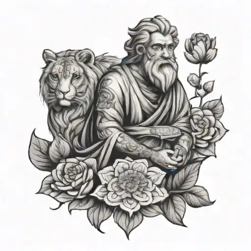 stoic philosopher surrounded by lion owl scales and lotus flowers tattoo design idea