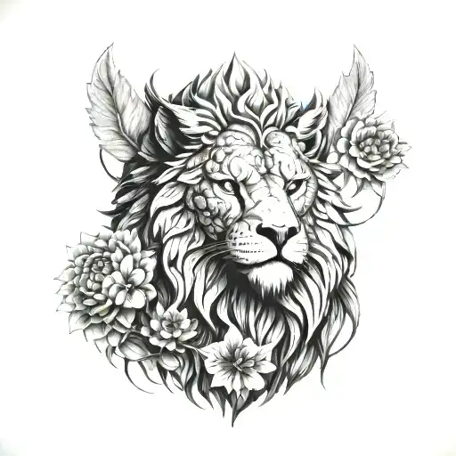 stoic philosopher surrounded by lion owl scales and lotus flowers tattoo design idea