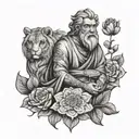 stoic philosopher surrounded by lion owl scales and lotus flowers tattoo design idea