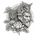 stoic philosopher surrounded by lion owl scales and lotus flowers tattoo design idea