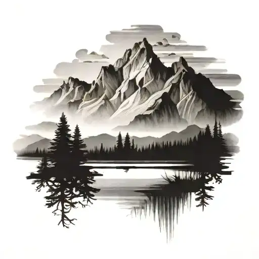 A panoramic view of a lake with mountains and trees tattoo design idea