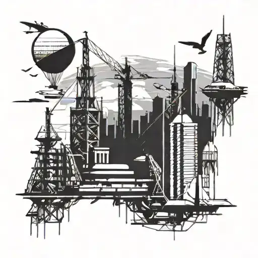 A futuristic cityscape with construction cranes and space shuttles flying overhead tattoo design idea
