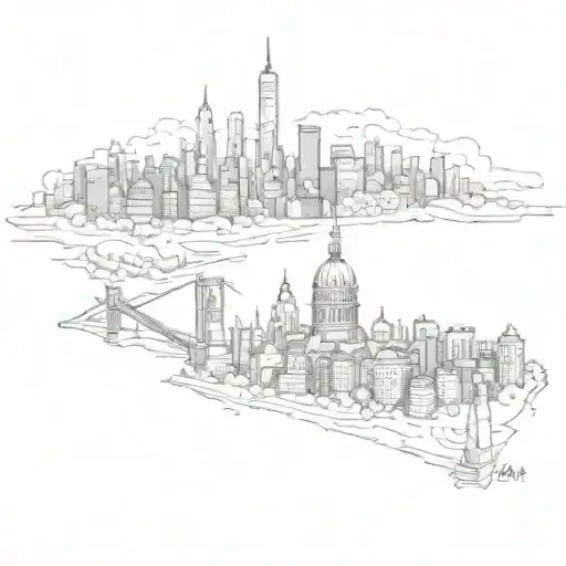 A detailed sketch of the New York City skyline with ancient Roman architecture intertwined tattoo design idea