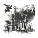 A futuristic cityscape with construction cranes and space shuttles flying overhead tattoo design idea