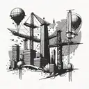 A futuristic cityscape with construction cranes and space shuttles flying overhead tattoo design idea