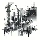A futuristic cityscape with construction cranes and space shuttles flying overhead tattoo design idea