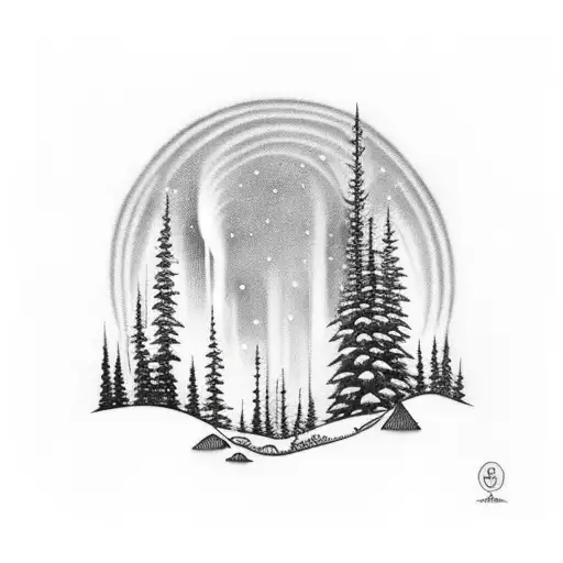 night forest surrounded by aurora borealis tattoo design idea